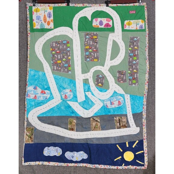 Racetrack Print Quilted Crib Blanket Baby Boys Green Blue Cars Scooters 40x55 - Picture 1 of 13